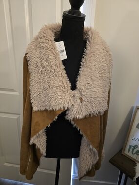 Suzy Shier Camel Suede-Look Bohemian-inspired with Cream Faux Fur Jacket.